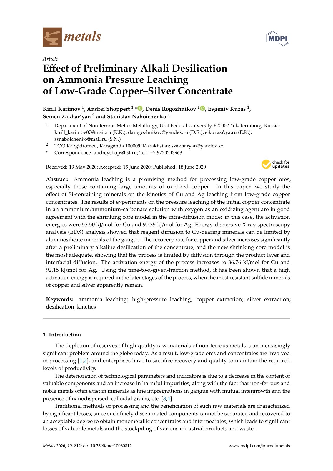 First page of Eﬀect of Preliminary Alkali Desilication on Ammonia Pressure Leaching of Low-Grade Copper–Silver Concentrate