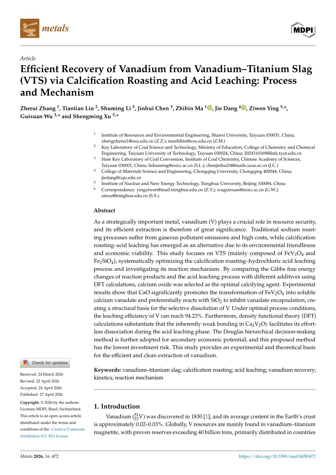 First page of 2026 Zhang Efficient Recovery of Vanadium from Vanadium Titanium Slag VTS via Calcification Roasting and Acid Leaching Process