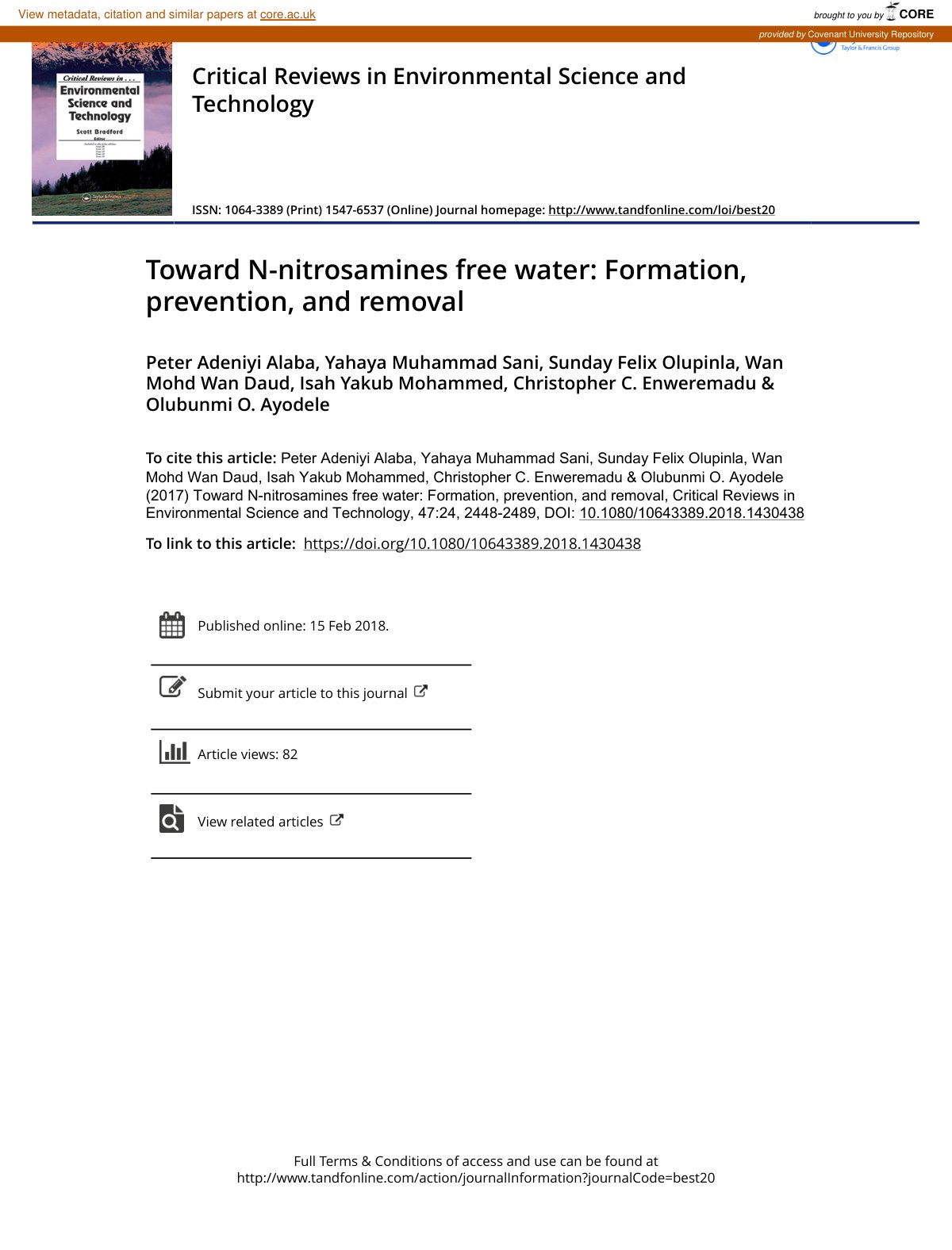 First page of Toward N-nitrosamines free water: Formation, prevention, and removal