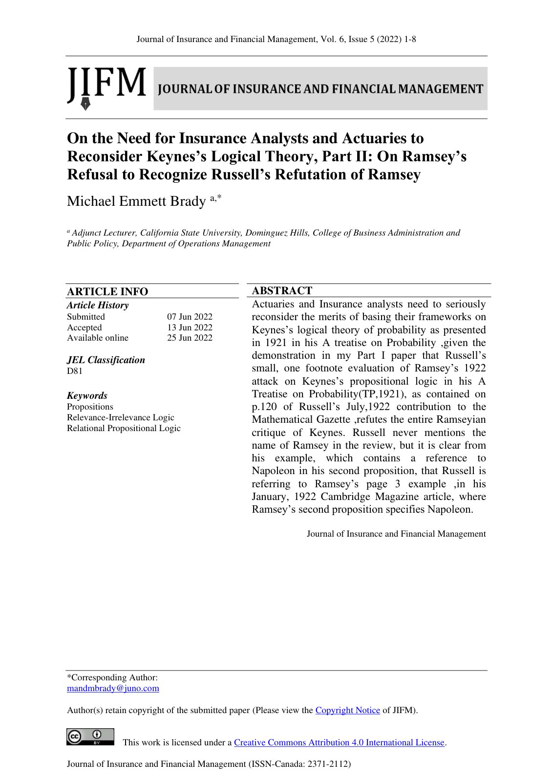 First page of On the Need for Insurance Analysts and A