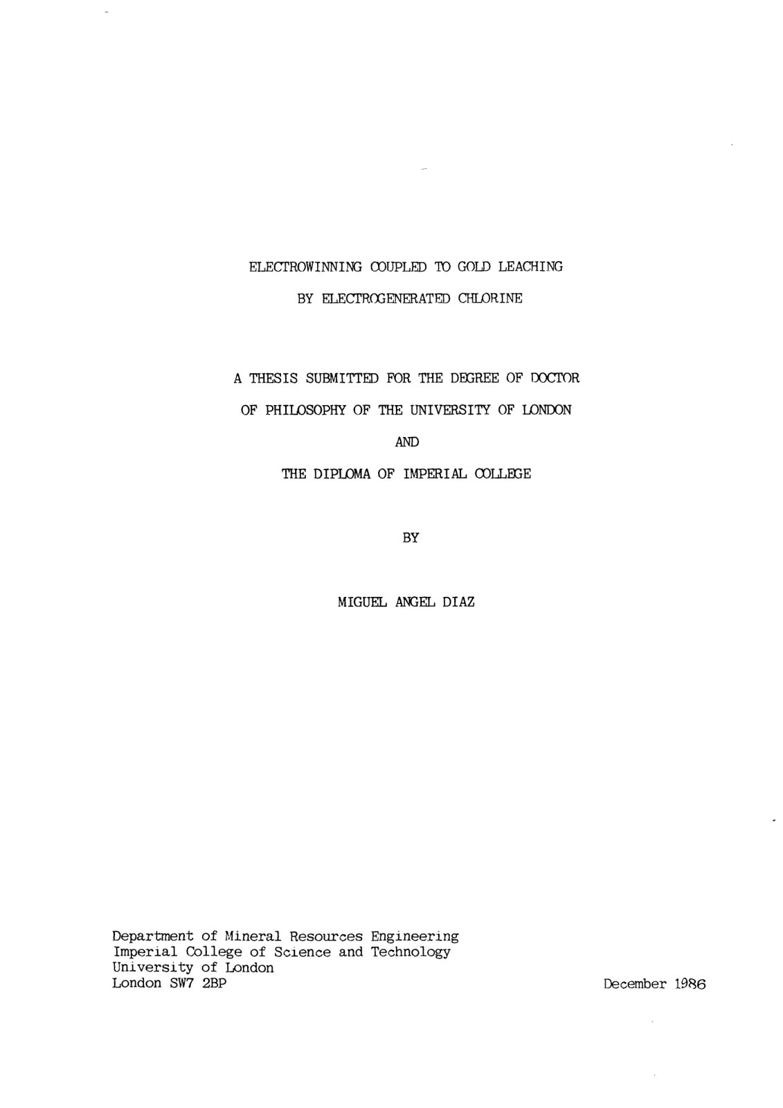 First page of Electrowinning Coupled to Gold Leaching by Electrogenerated Chlorine