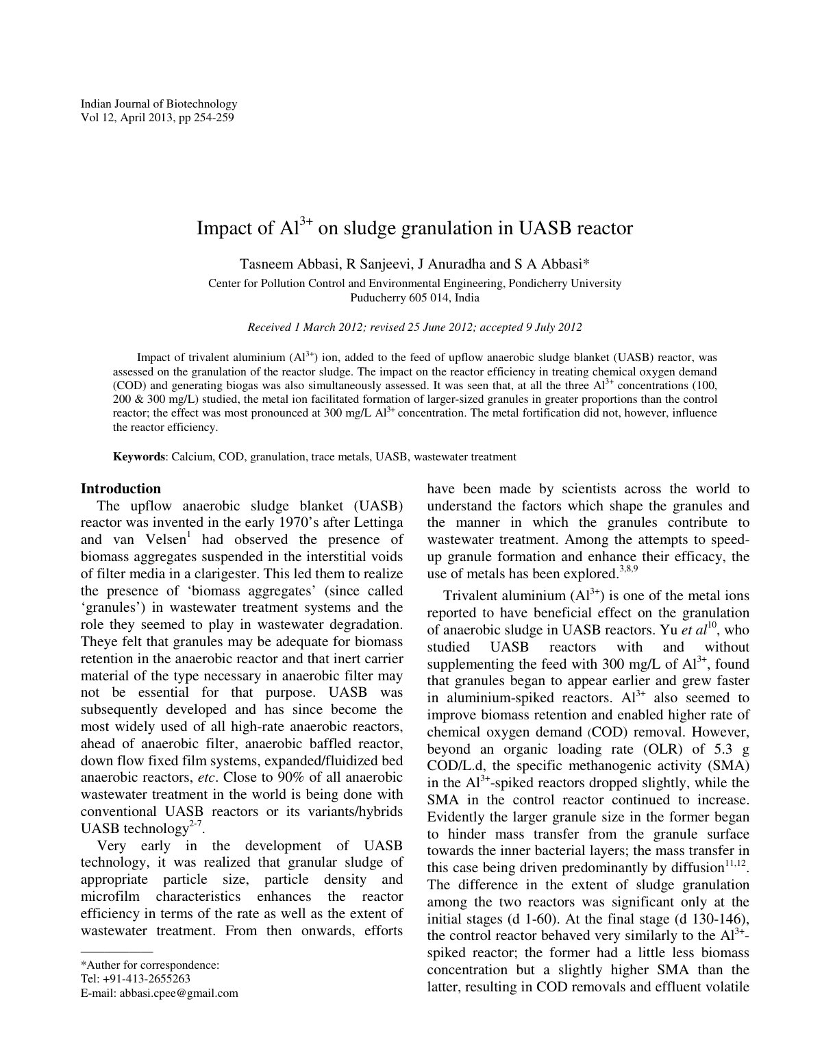 First page of Impact of Al3+ on sludge granulation in UASB reactor