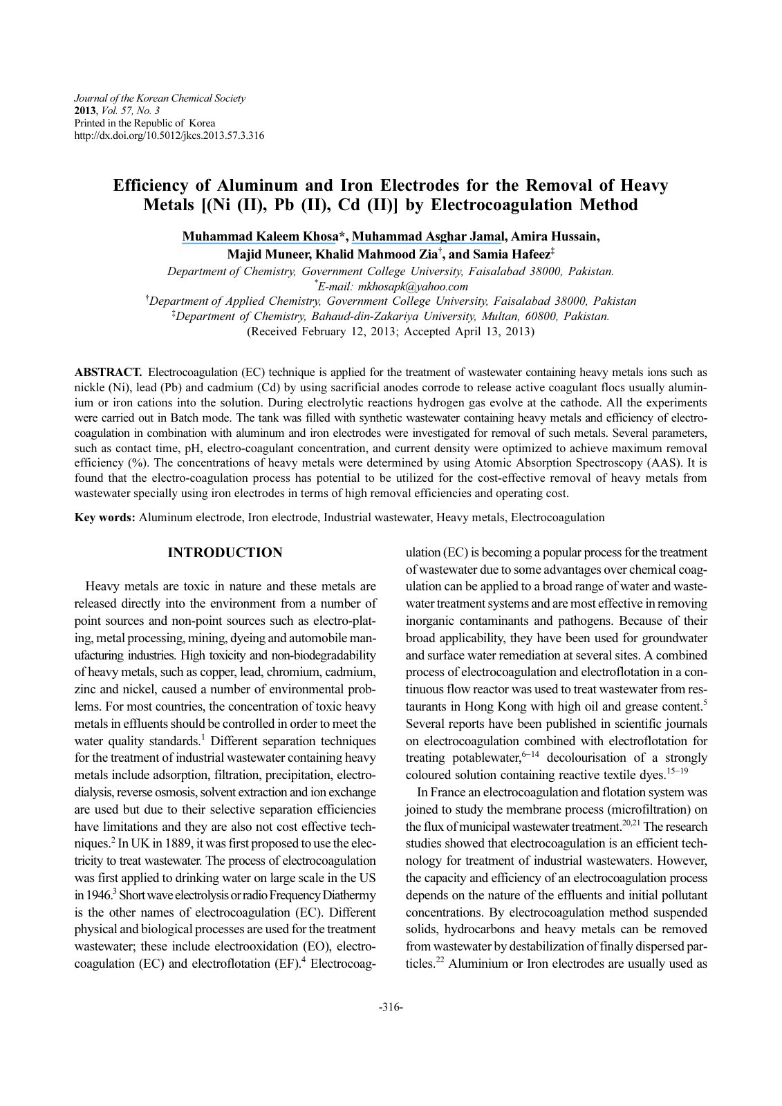 First page of Efficiency of Aluminum and Iron Electrodes for the Removal of Heavy Metals [(Ni (II), Pb (II), Cd (II)] by Electrocoagulation Method