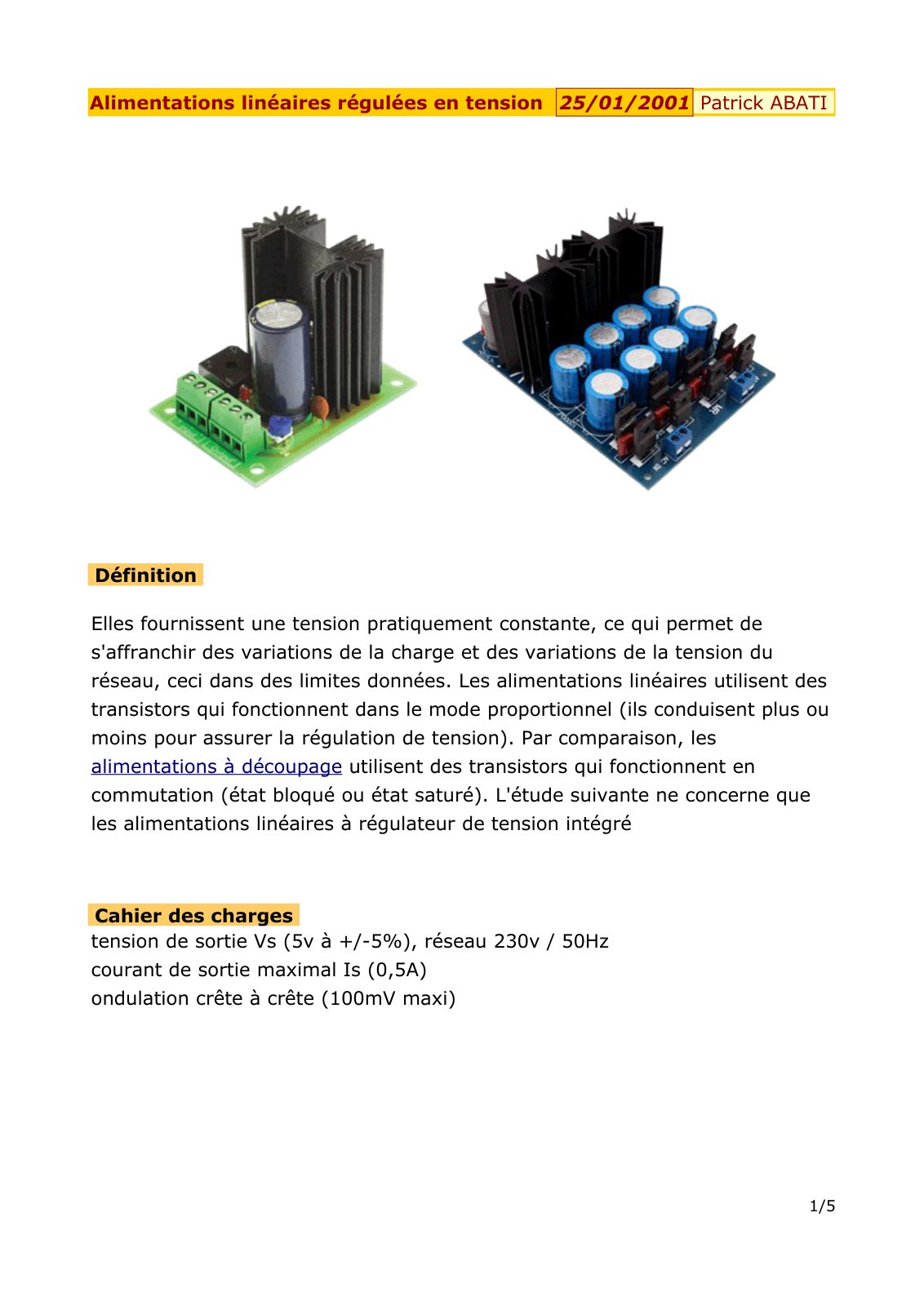 First page of alimentations lineaires