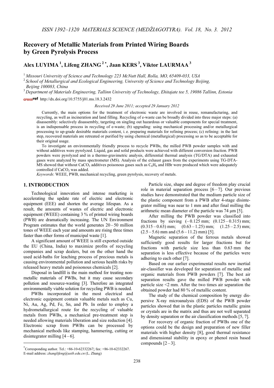 First page of Recovery of Metallic Materials from Prin