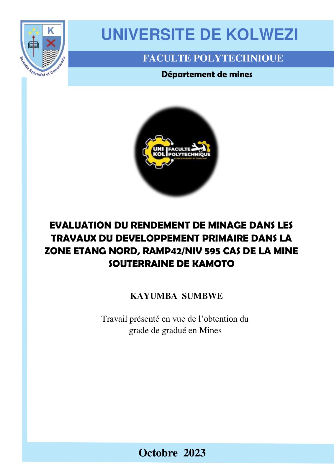 First page of EVALUATION DU RENDEMENT DE MINAGE DANS LES TRAVAUX DU DEVELOPPEMENT PRIMAIRE DANS LA ZONE ETANG NORD, RAMP42/NIV 595 CAS DE LA MINE SOUTERRAINE DE KAMOTO