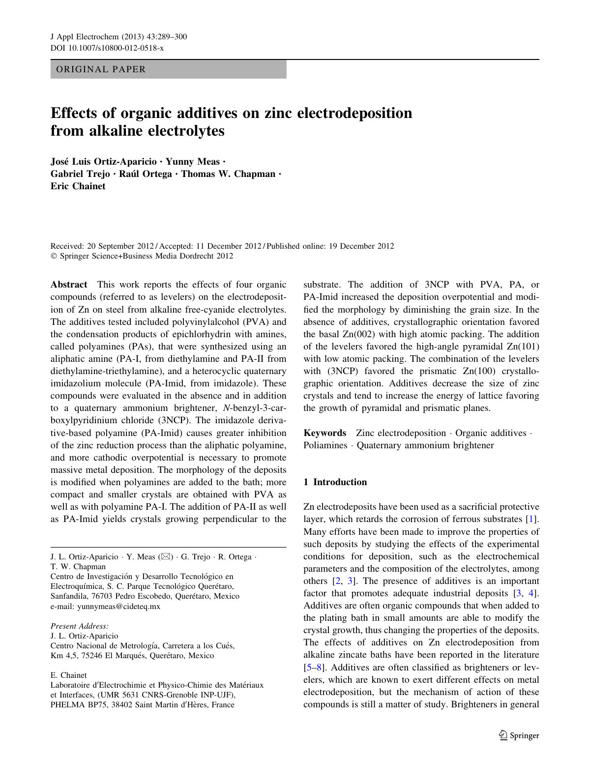 First page of Effects of organic additives on zinc ele