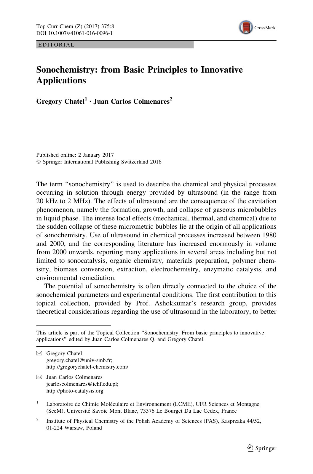 First page of Sonochemistry: from Basic Principles to Innovative Applications