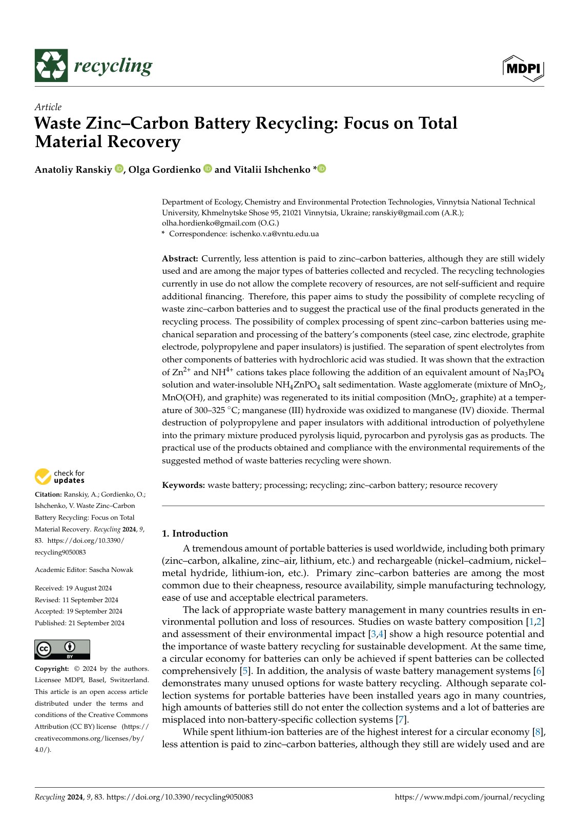 First page of Waste Zinc–Carbon Battery Recycling: Focus on Total Material Recovery