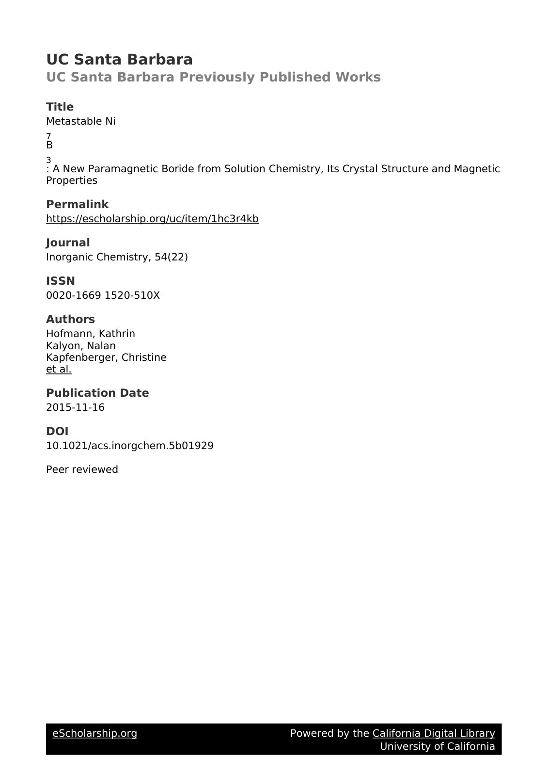 First page of Metastable Ni7B3: A New Paramagnetic Boride from Solution Chemistry, Its Crystal Structure and Magnetic Properties