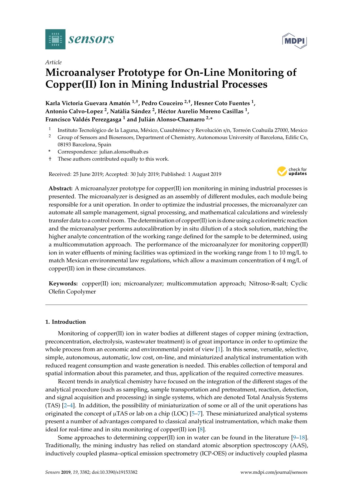 First page of Microanalyser Prototype for On-Line Monitoring of Copper(II) Ion in Mining Industrial Processes