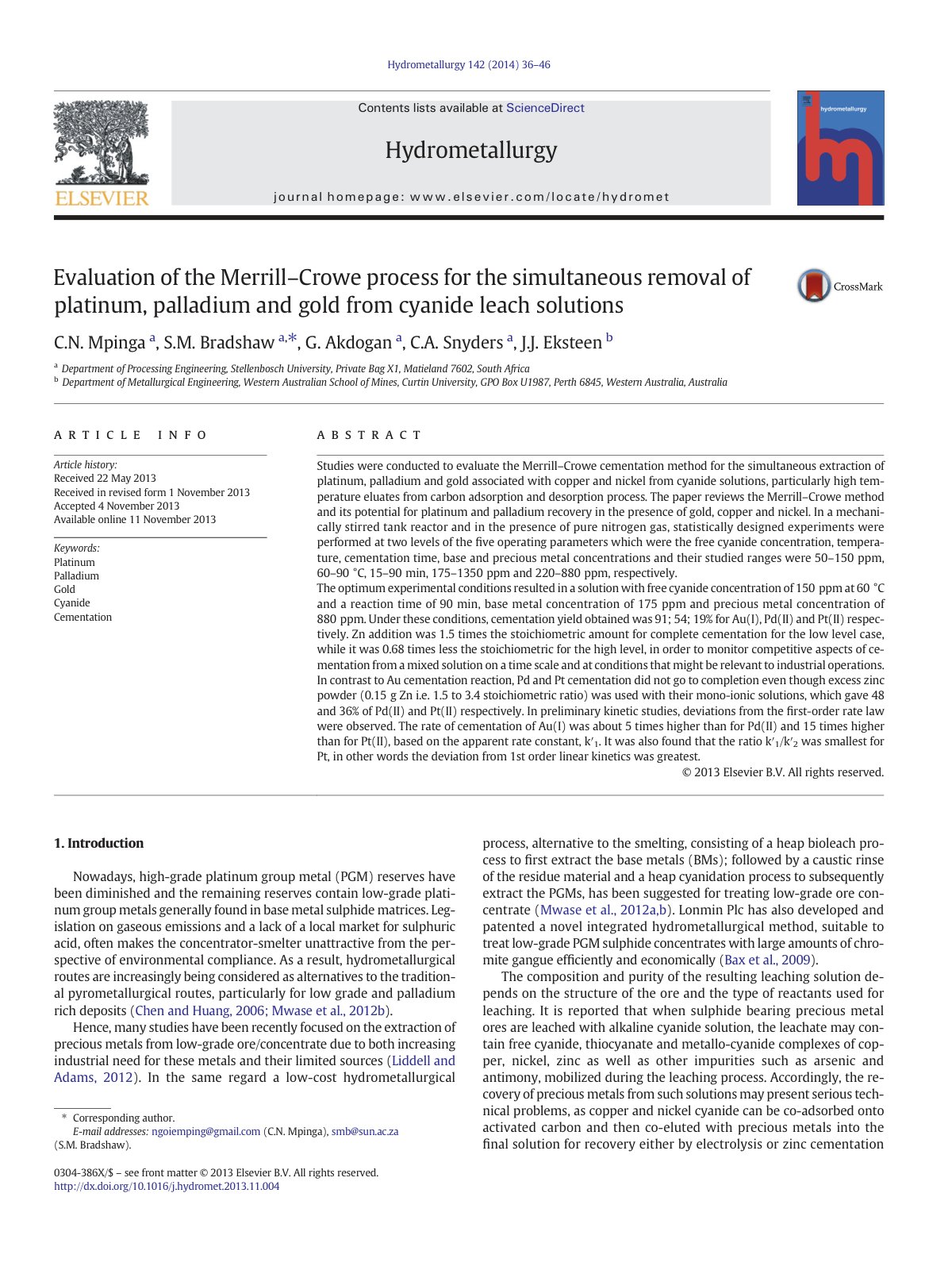 First page of Evaluation of the Merrill–Crowe process for the simultaneous removal of platinum, palladium and gold from cyanide leach solutions