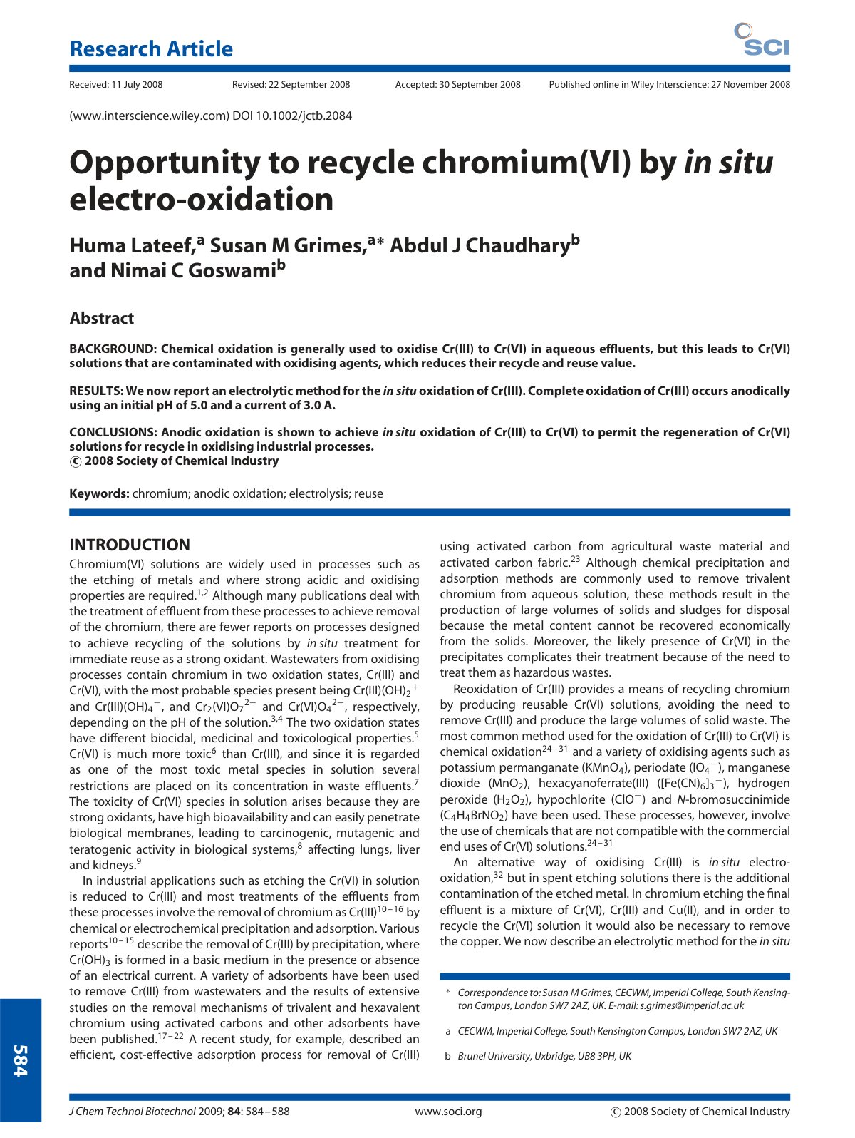 First page of Opportunity to recycle chromium(VI) by in situ electro-oxidation