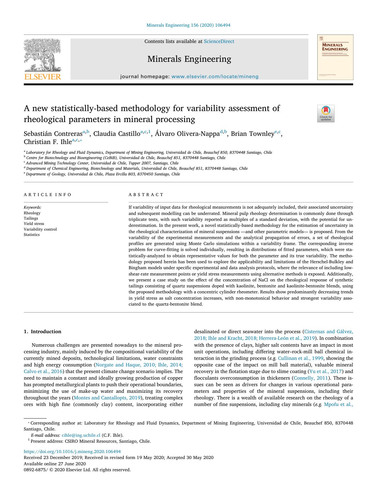 First page of A new statistically based methodology for variability assess 2020 Minerals E
