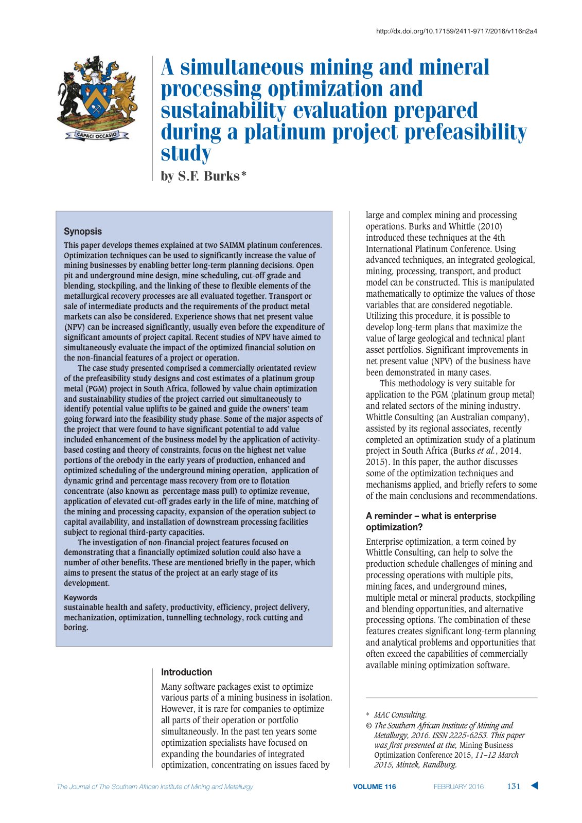 First page of A simultaneous mining and mineral proces