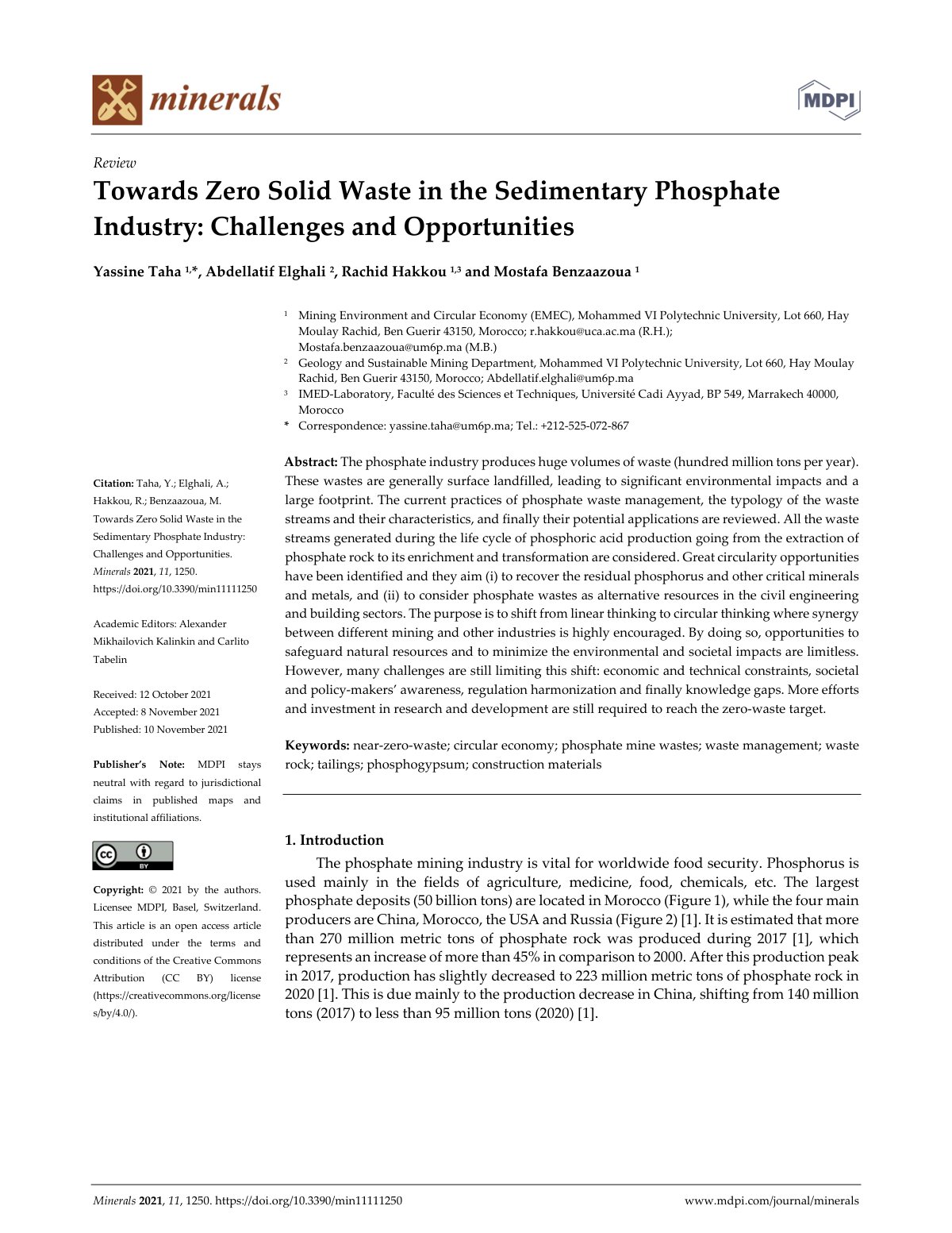 First page of Towards Zero Solid Waste in the Sedimentary Phosphate Industry: Challenges and Opportunities