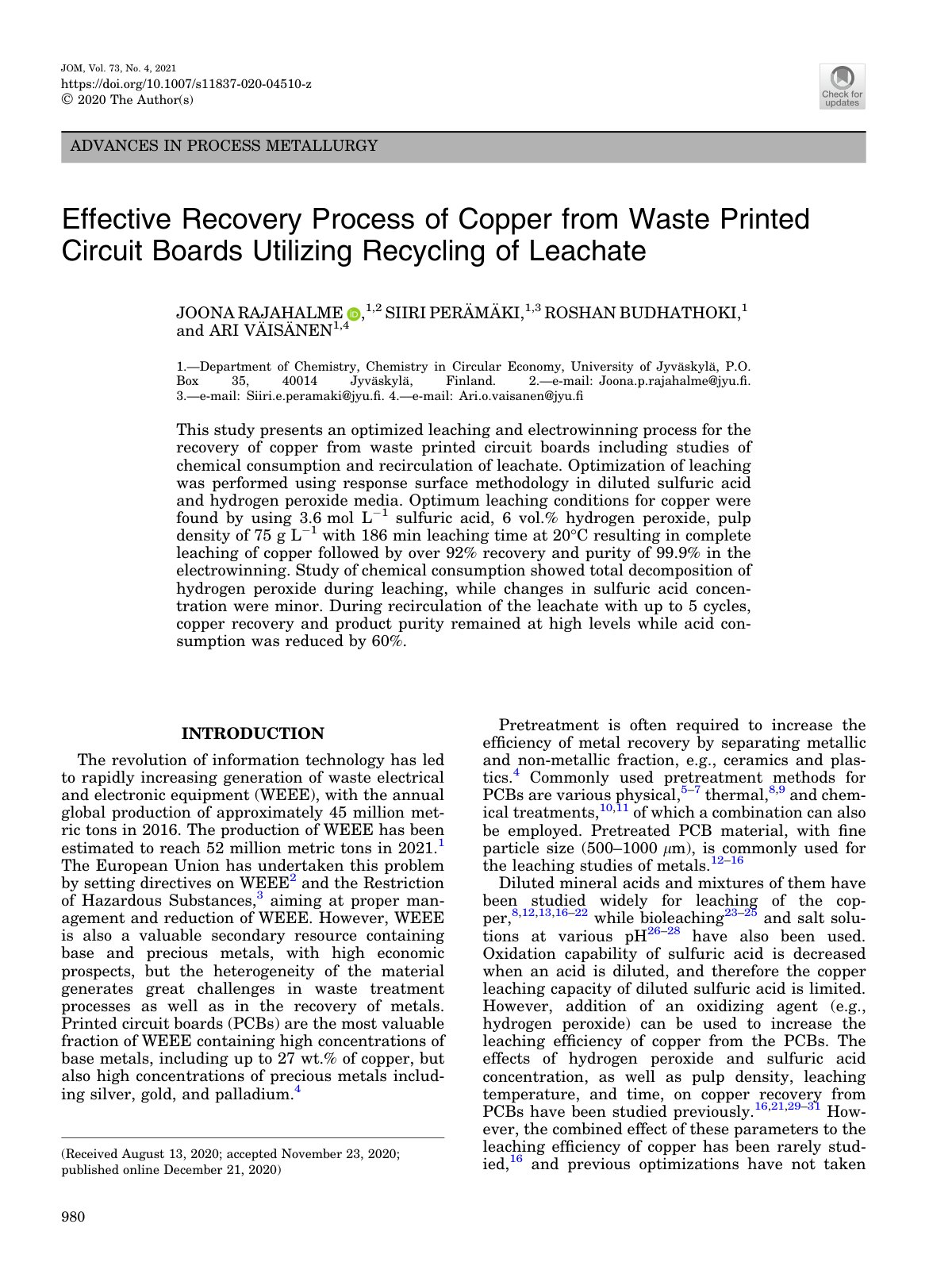 First page of Effective Recovery Process of Copper fro