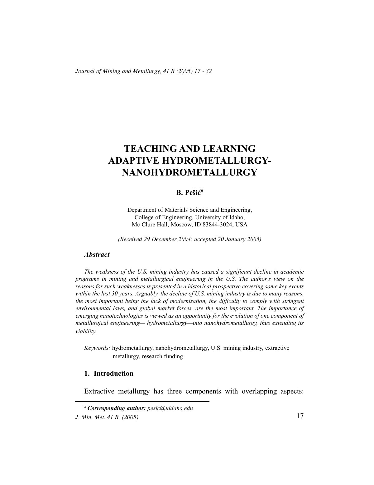 First page of Teaching and Learning Adaptive Hydrometallurgy - Nanohydrometallurgy