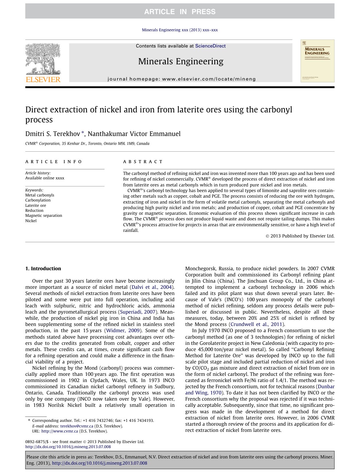 First page of Direct extraction of nickel and iron fro