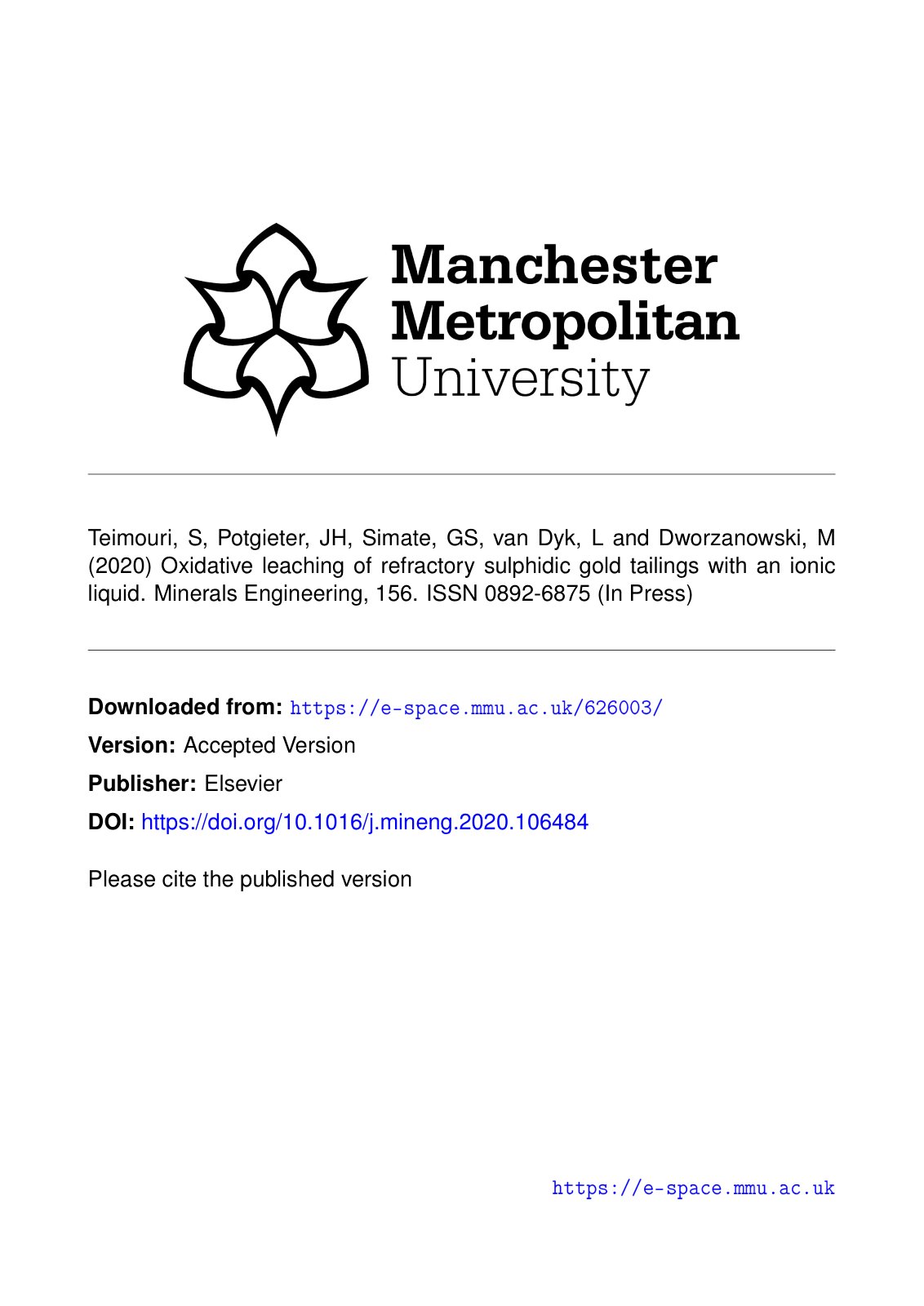 First page of Oxidative leaching of refractory sulphid