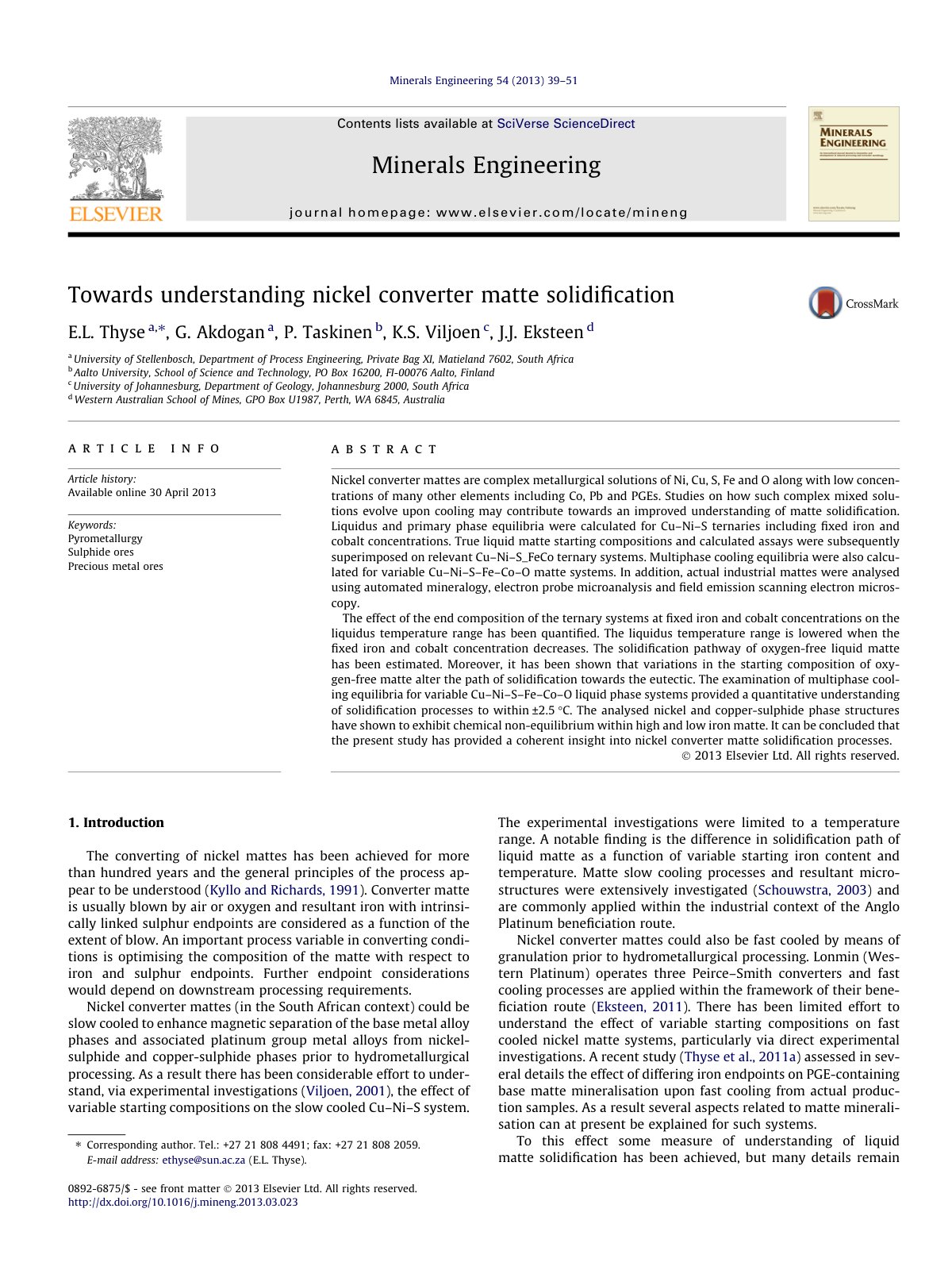 First page of Towards understanding nickel converter matte solidification