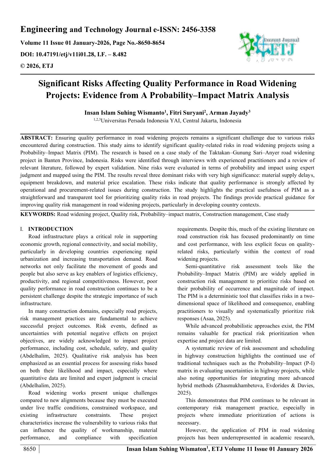 First page of Significant Risks Affecting Quality Performance in Road Widening  Projects: Evidence from A Probability–Impact Matrix Analysis  