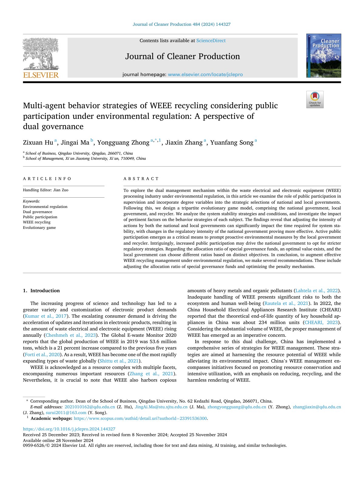 First page of Multi agent behavior strategies of WEEE recycling consideri 2024 Journal of 