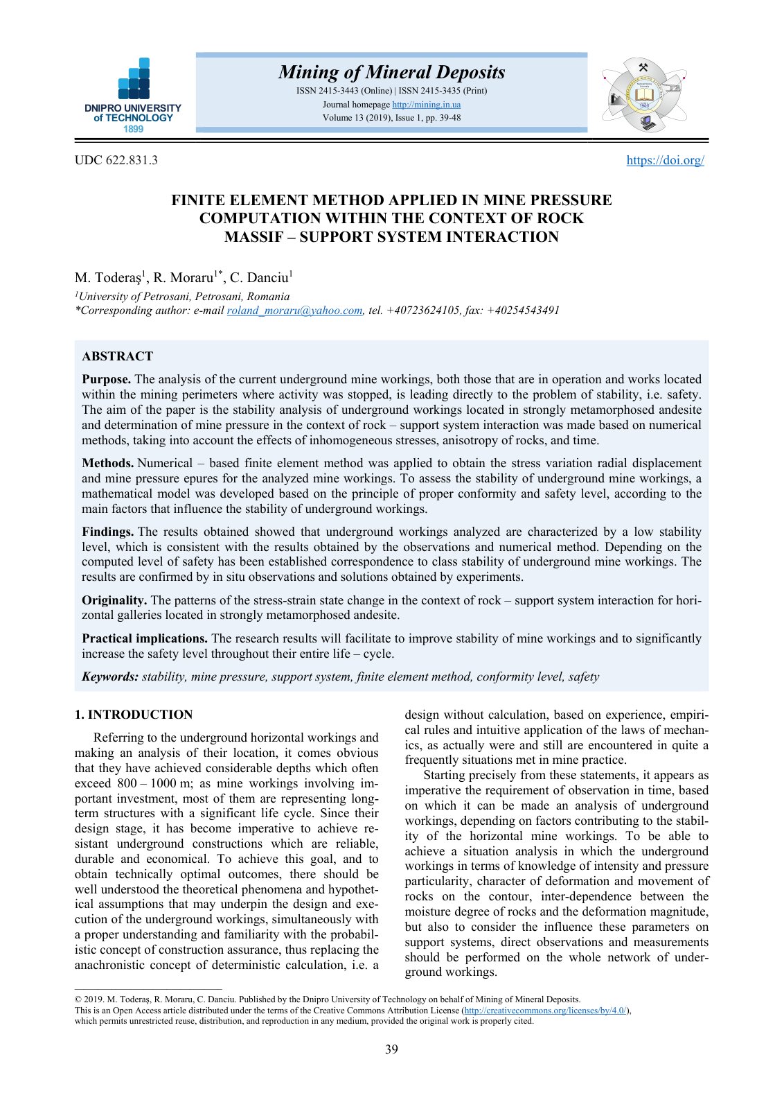 First page of Finite Element Method Applied in Mine Pressure Computation within the Context of Rock Massif – Support System Interaction