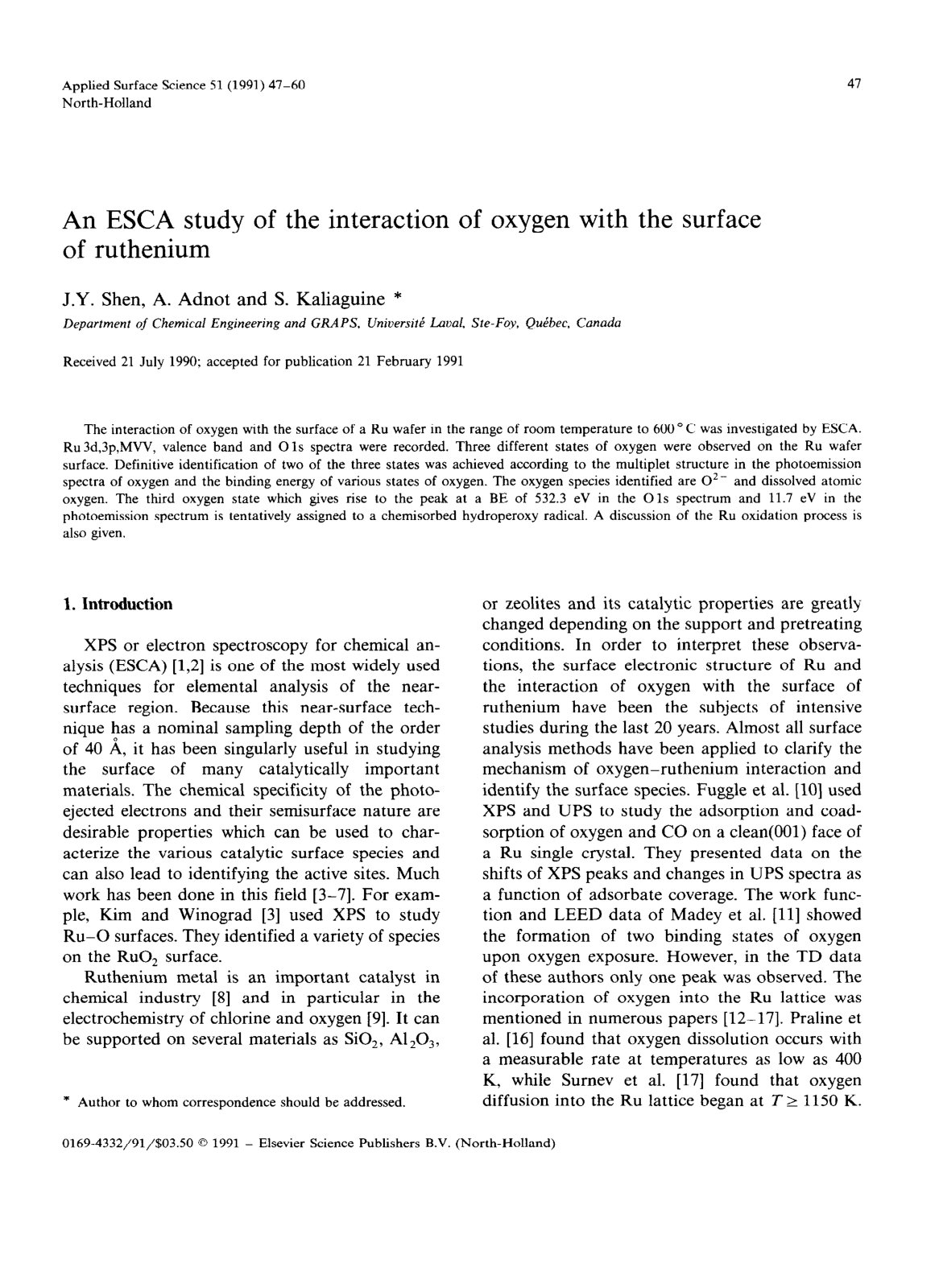 First page of An ESCA study of the interaction of oxyg