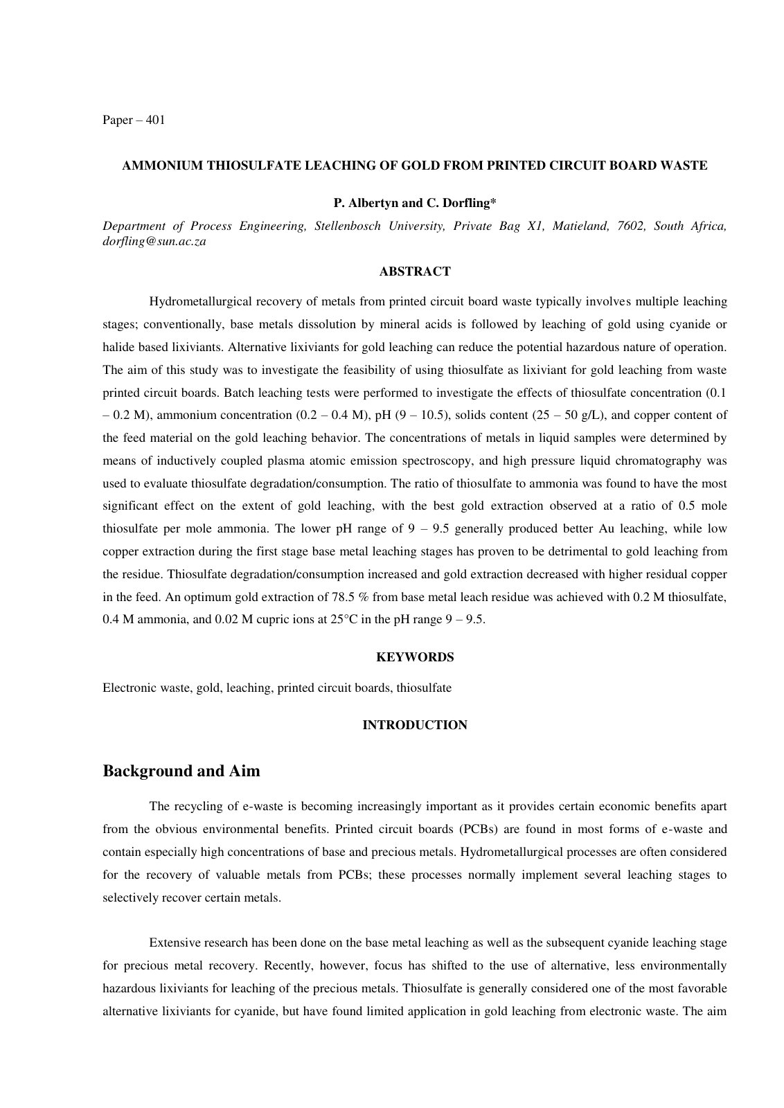 First page of Ammonium thiosulfate leaching of gold from printed circuit board waste