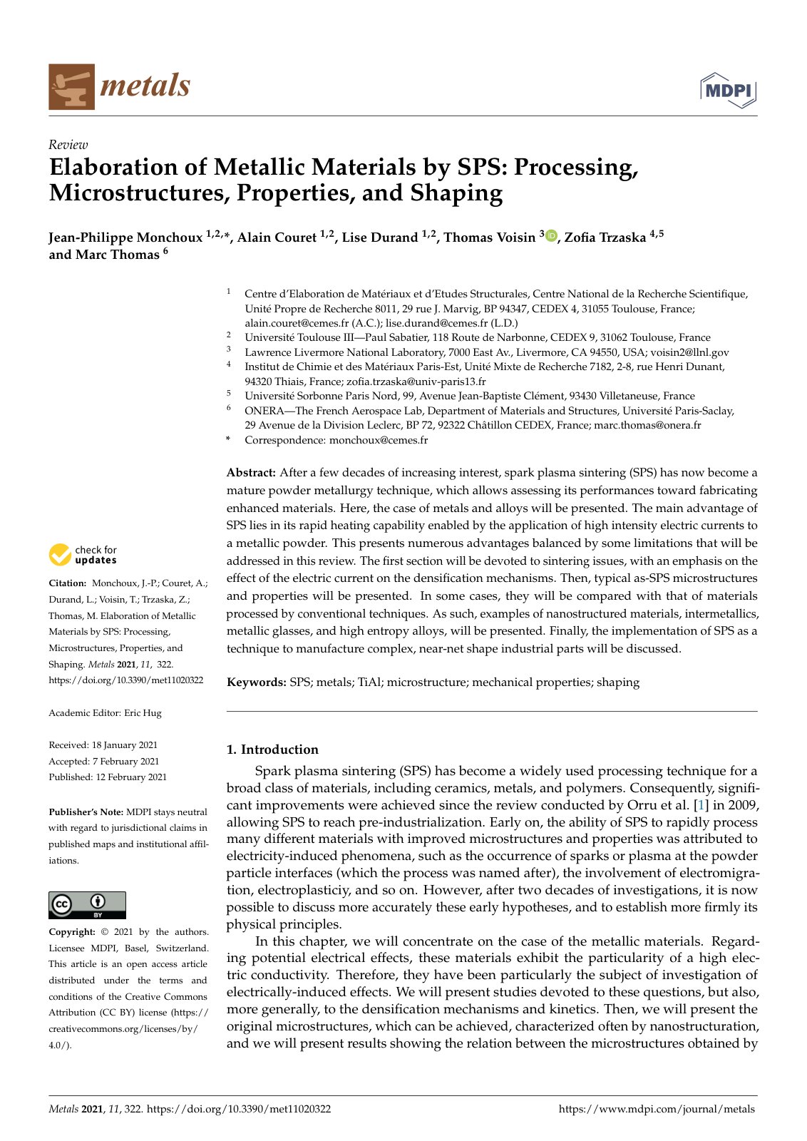 First page of Elaboration of Metallic Materials by SPS: Processing, Microstructures, Properties, and Shaping