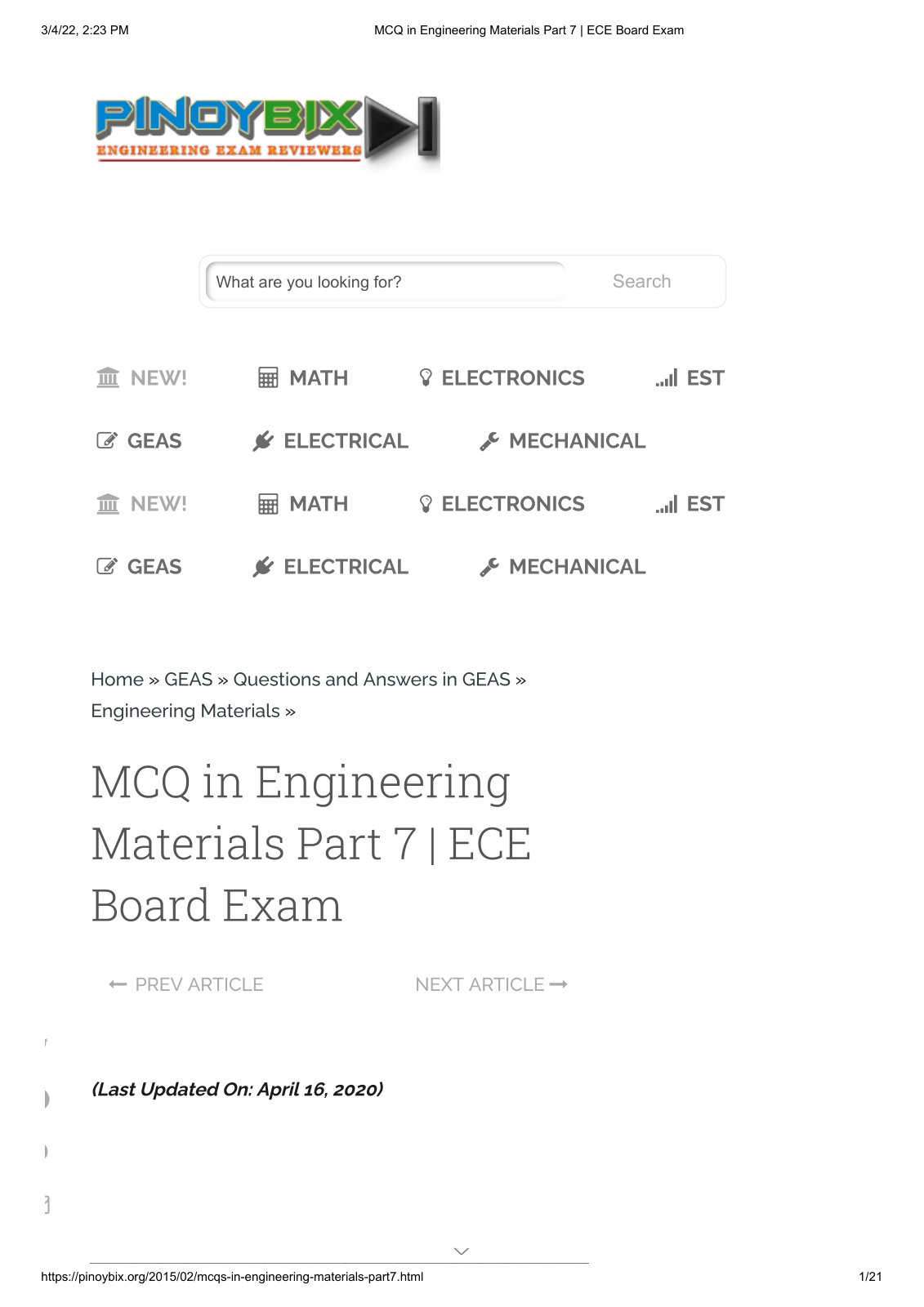 First page of MCQ in Engineering Materials Part 7   ECE Board Exam
