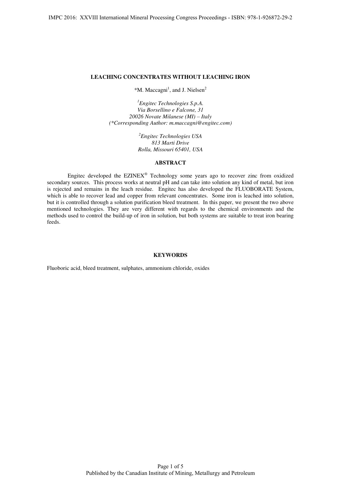 First page of LEACHING CONCENTRATES WITHOUT LEACHING IRON