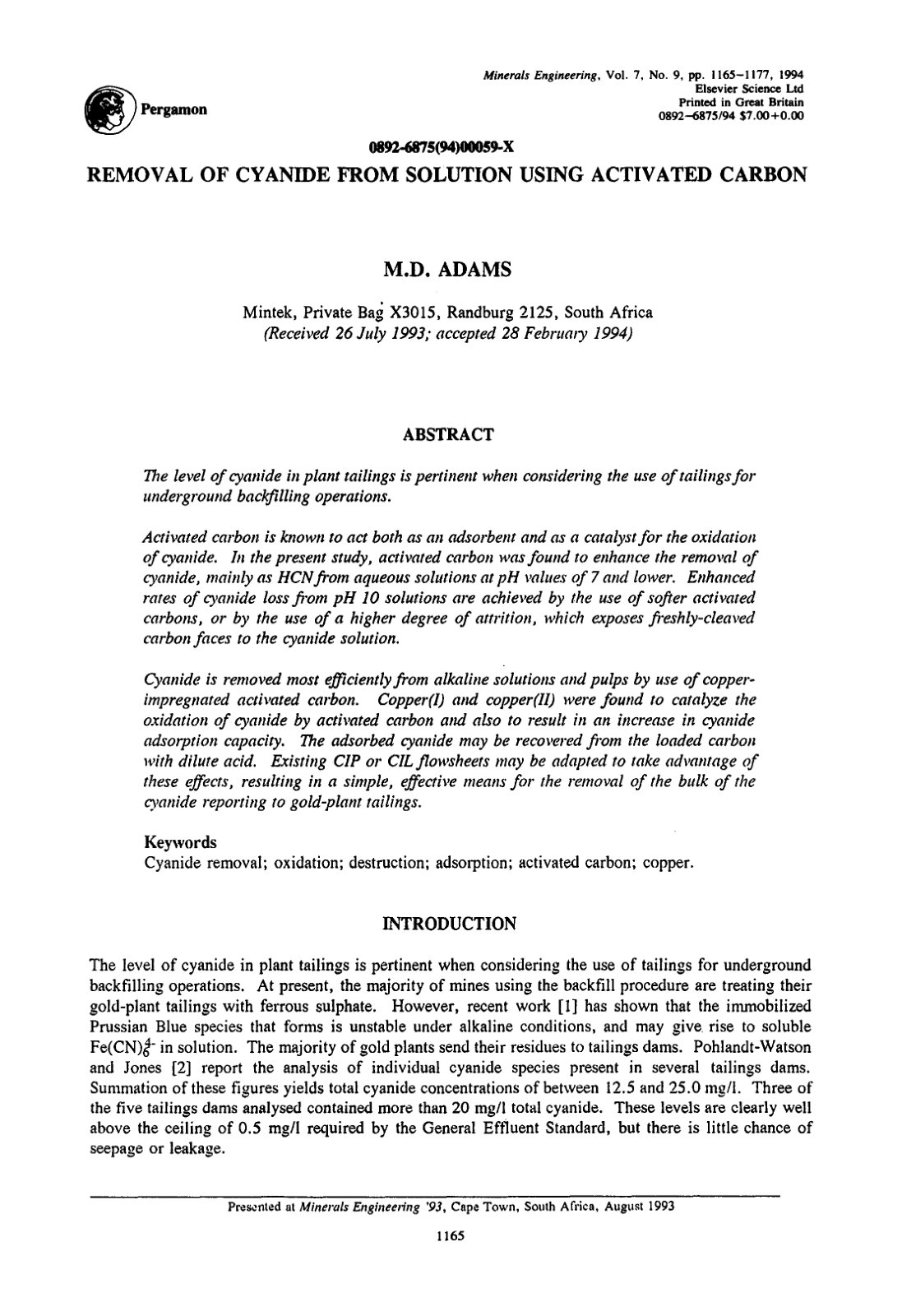 First page of 355107248 Cyanide removal using activated carbon