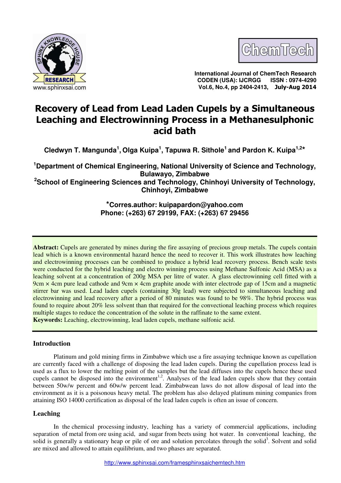 First page of Recovery of Lead from Lead Laden Cupels