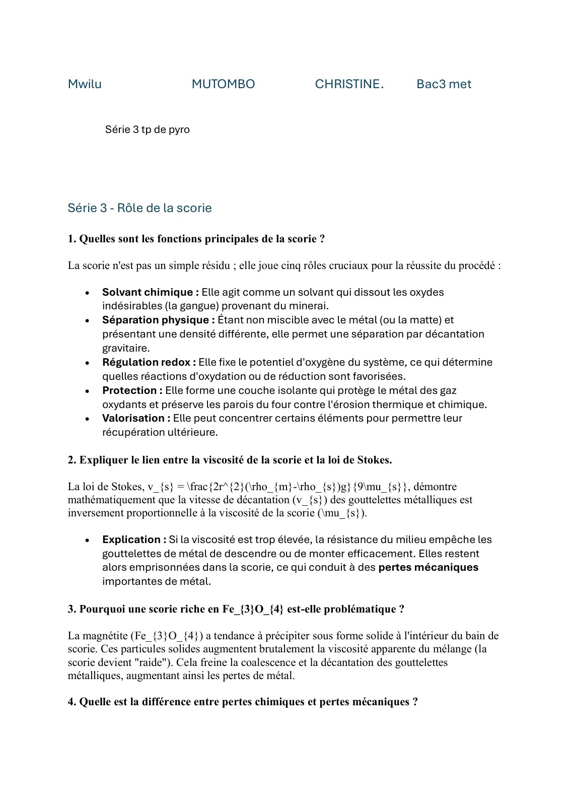 First page of tp de pyro L3 métallurgie mwilu MUTOMBO CHRISTINE ^J série 3
