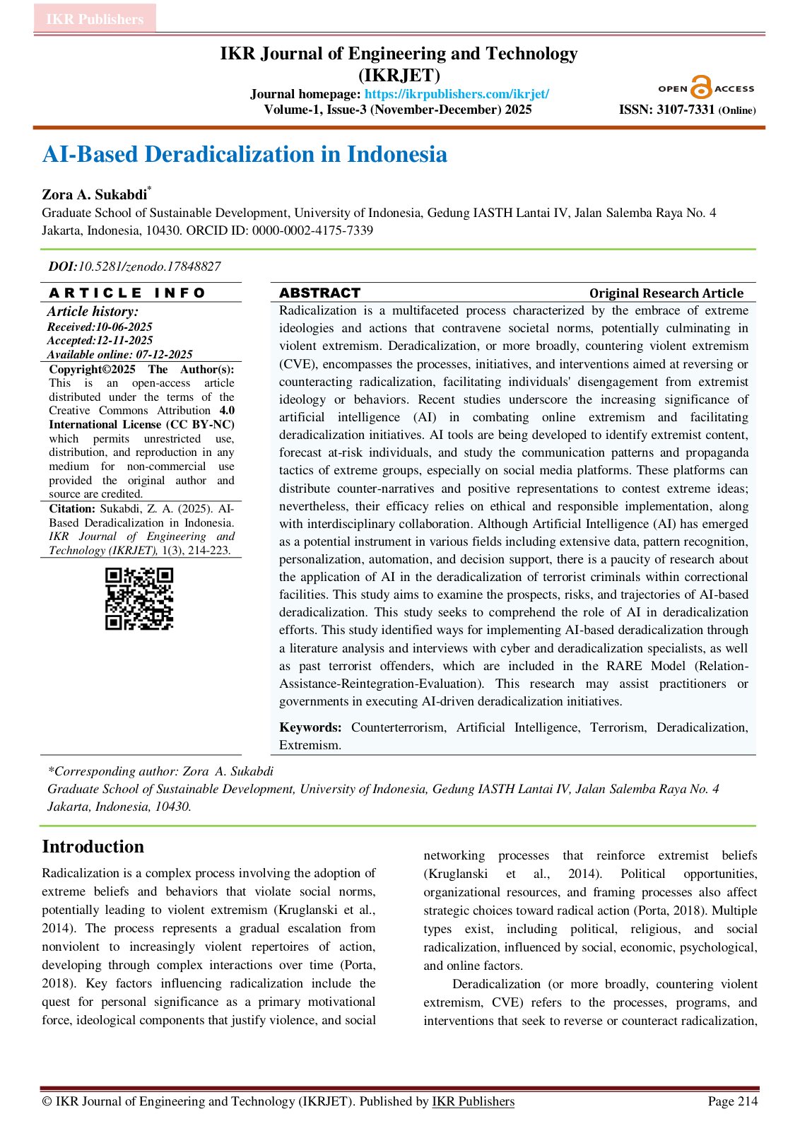 First page of AI Based Deradicalization in Indonesia