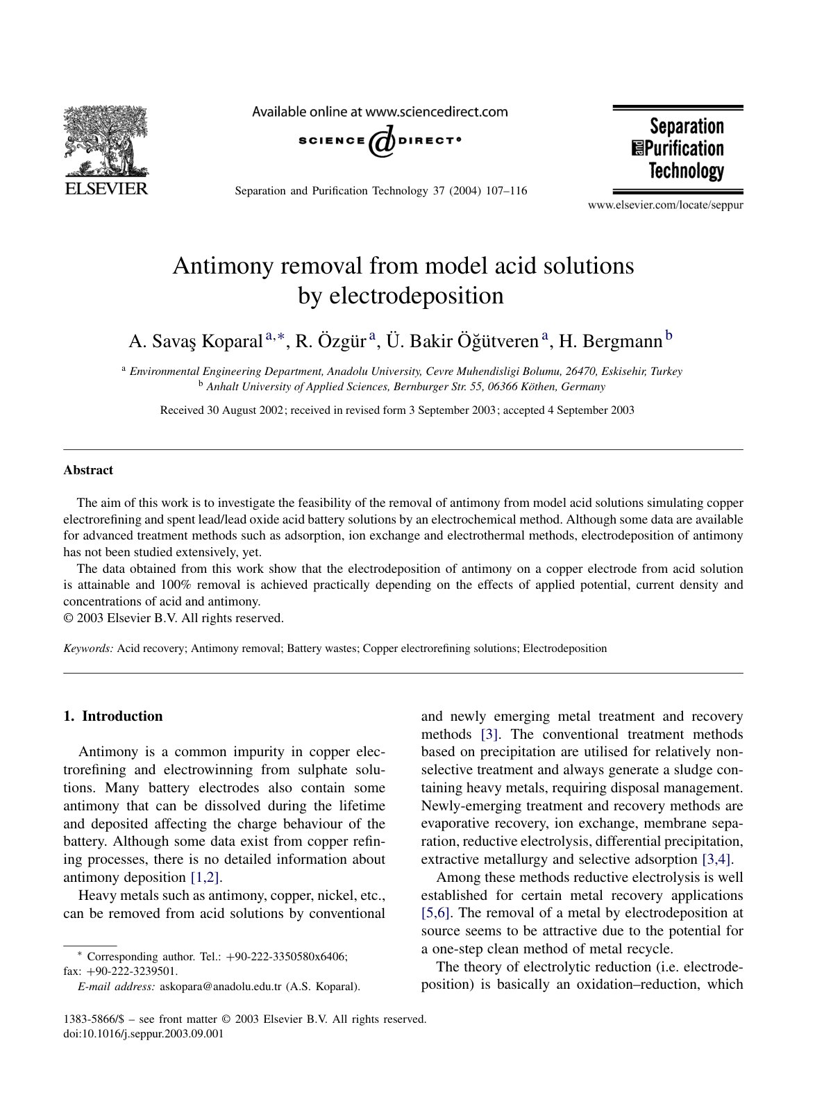 First page of Antimony removal from model acid solutions by electrodeposition