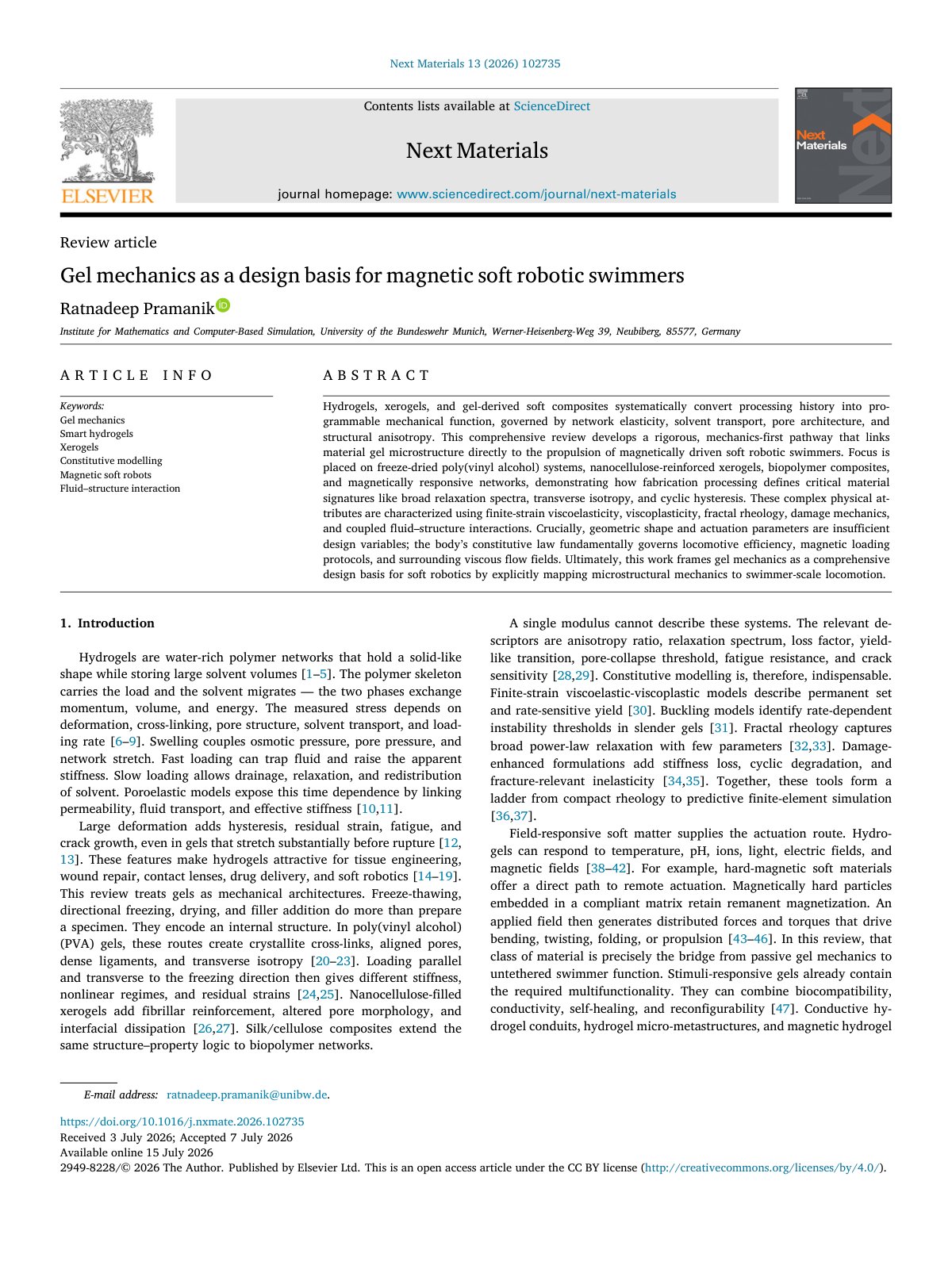 First page of Gel mechanics as a design basis for magnetic soft robotic  2026 Next Materia