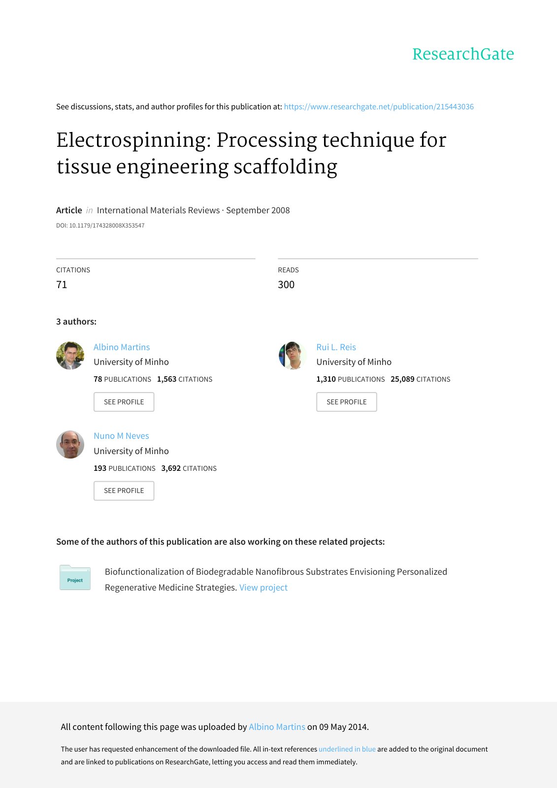 First page of Electrospinning processing technique for