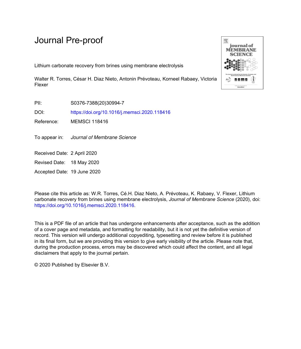 First page of Lithium carbonate recovery from brines using membrane electrolysis