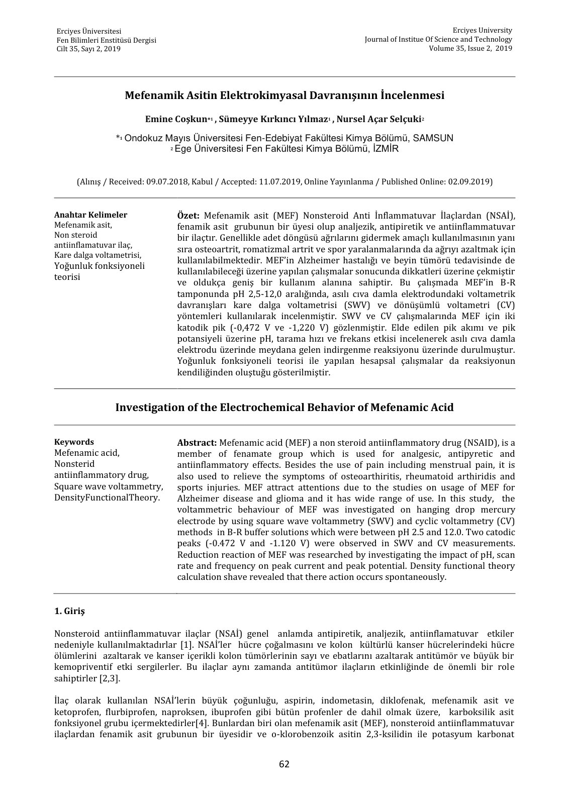 First page of Mefenamik Asitin Elektrokimyasal Davranışının İncelenmesi