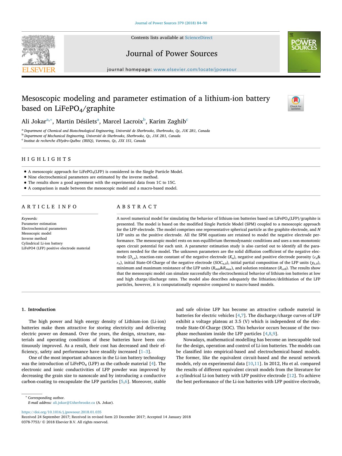 First page of Mesoscopic modeling and parameter estimation of a lithium-ion battery based on LiFePO4/graphite