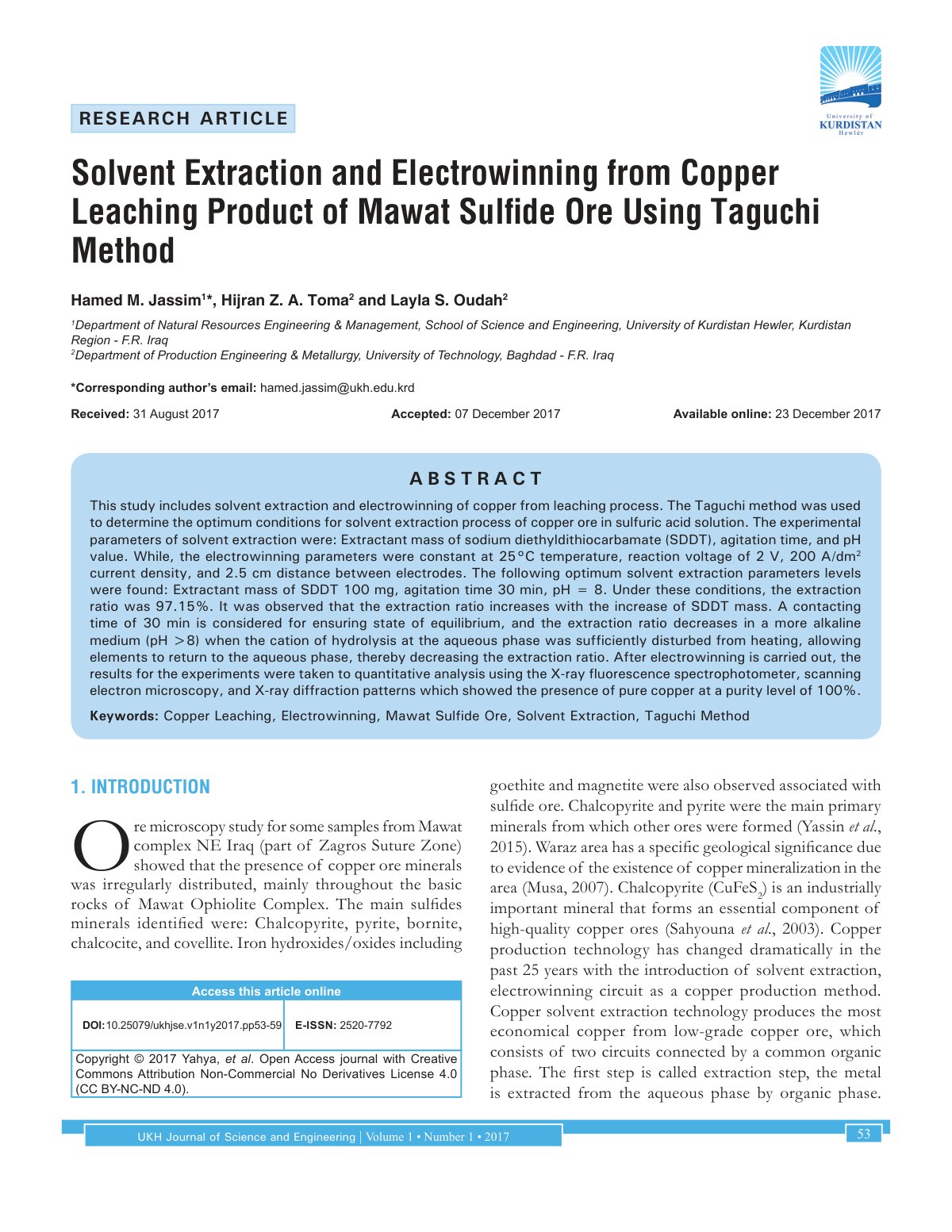 First page of Solvent Extraction and Electrowinning from Copper Leaching Product of Mawat Sulfide Ore Using Taguchi Method