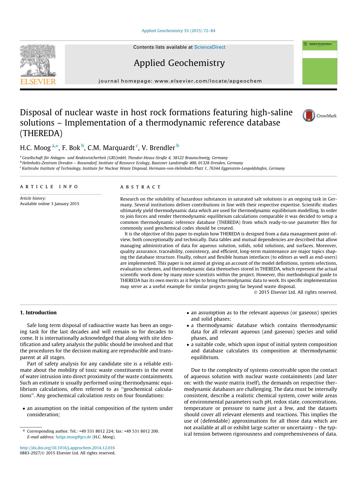 First page of Disposal of nuclear waste in host rock formations featuring high-saline solutions – Implementation of a thermodynamic reference database (THEREDA)