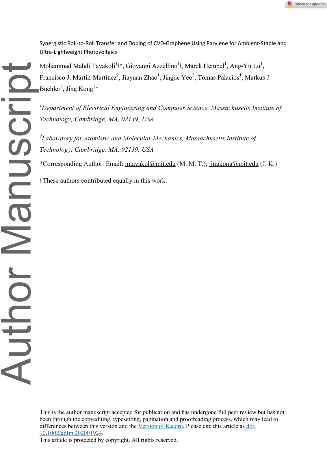 First page of Synergistic Roll-to-Roll Transfer and Doping of CVD-Graphene Using Parylene for Ambient-Stable and Ultra-Lightweight Photovoltaics