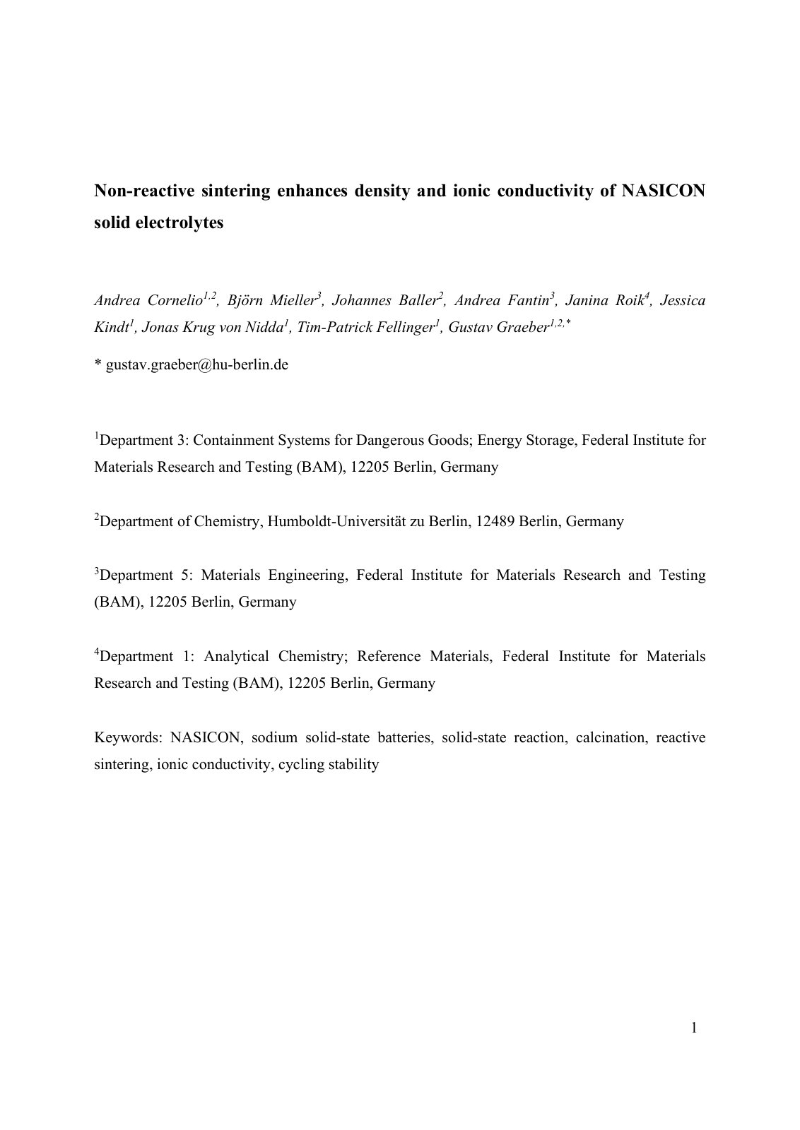 First page of Non-reactive sintering enhances density and ionic conductivity of NASICON solid electrolytes