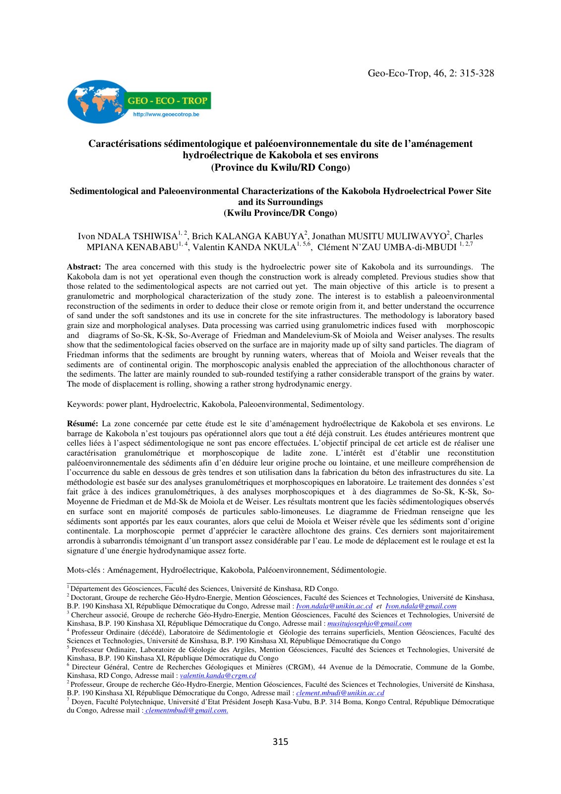 First page of Caracterisations sedimentologique et pal