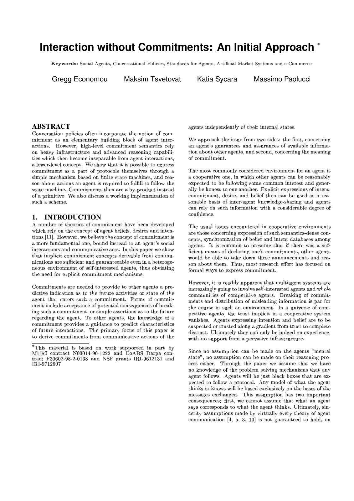 First page of Interaction without Commitments: An Initial Approach