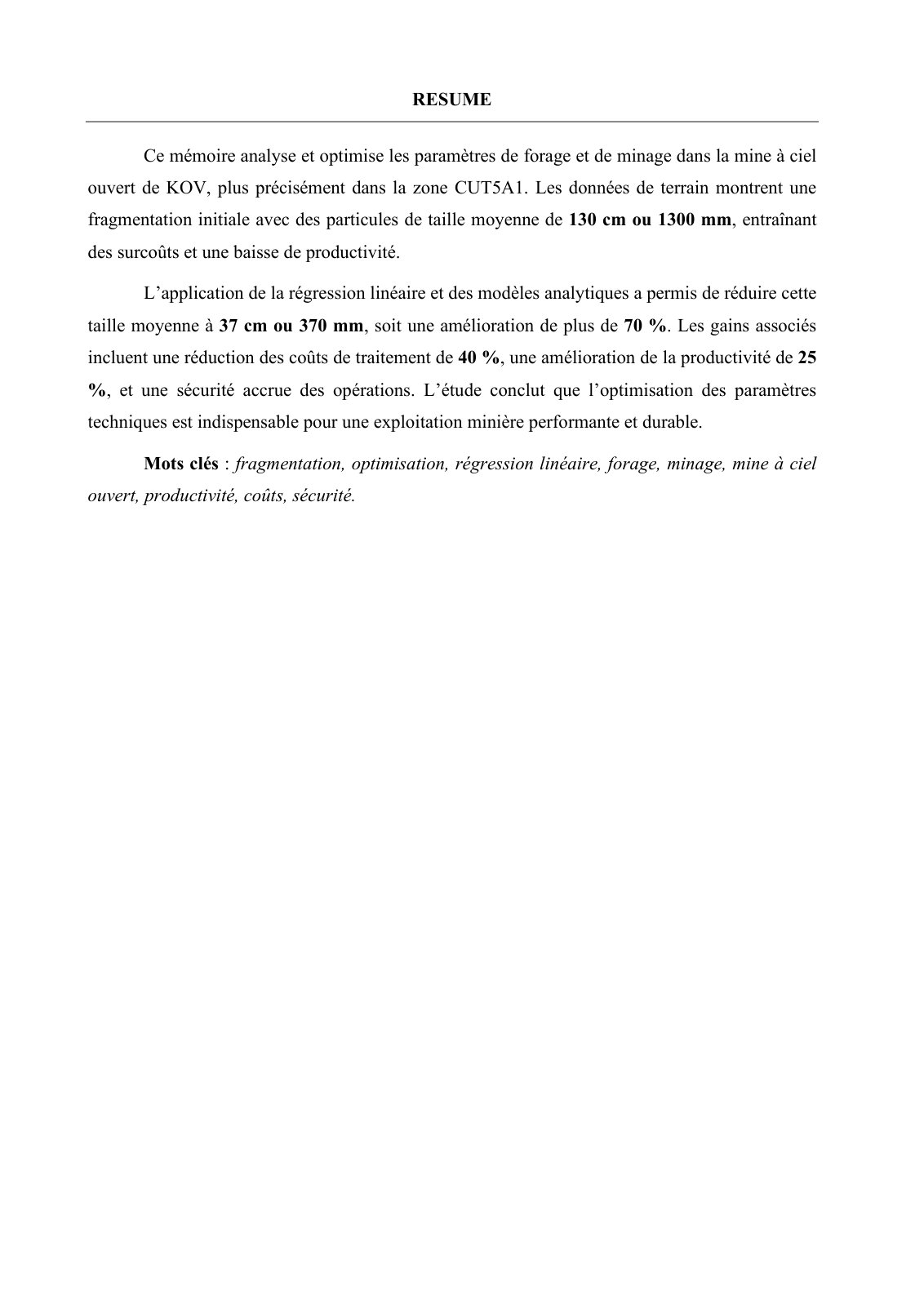 First page of Optimisation de la fragmentation et des paramètres de minage dans la mine à ciel ouvert de KOV